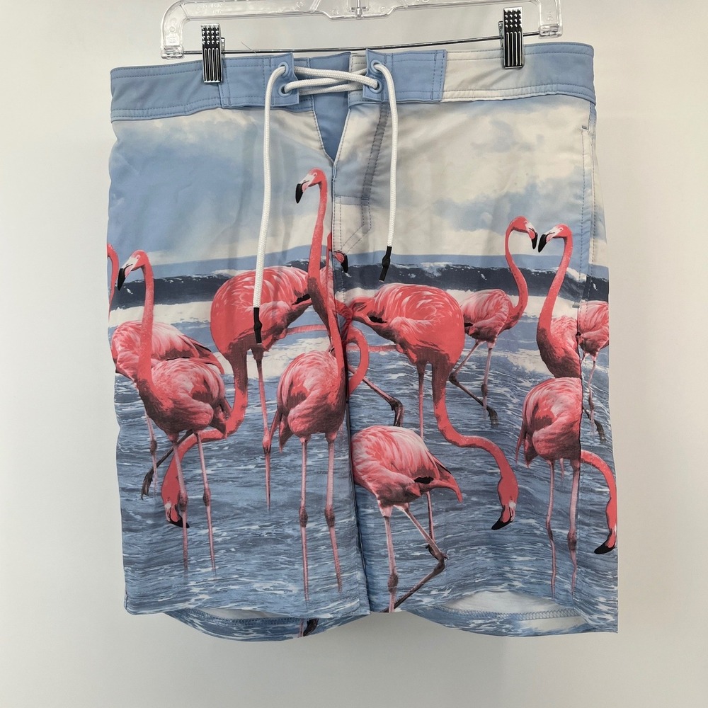 No Boundaries Board Shorts Mens 30 Blue Flamingo Print Swim Trunks Beach